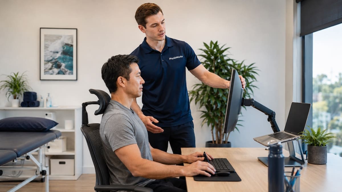 Good back posture workstation ergonomics assessment by physiotherapist