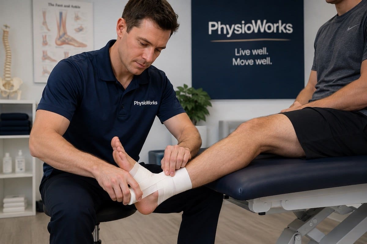 Ankle strapping applied to lateral ankle joint for sport stability support
