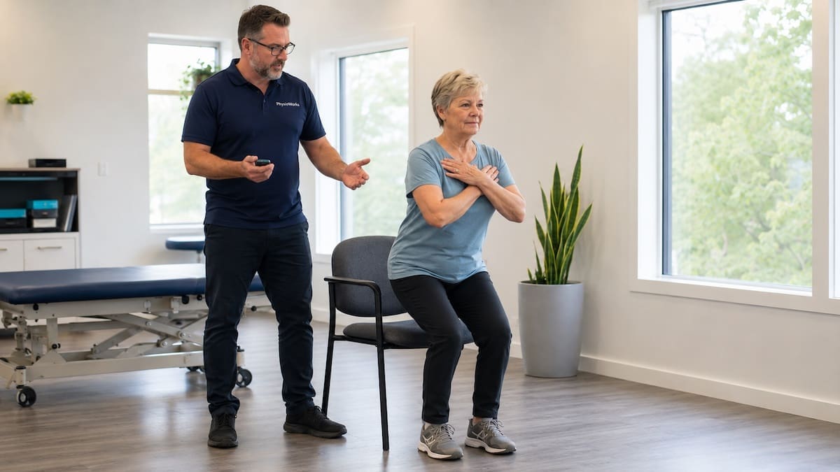 Balance assessment sit-to-stand test checking feet, ankles, knees and hips
