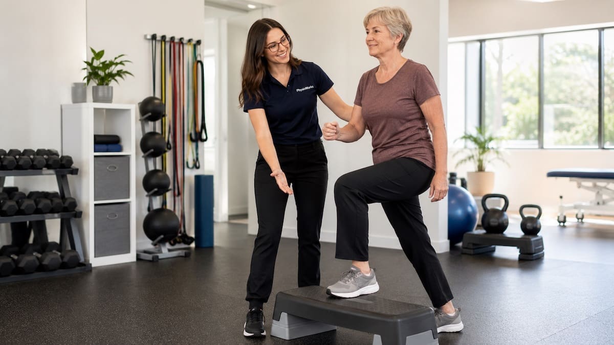 bone-density-class-brisbane-step-up-balance Bone Density Class Brisbane step-up balance exercise for leg strength confidence