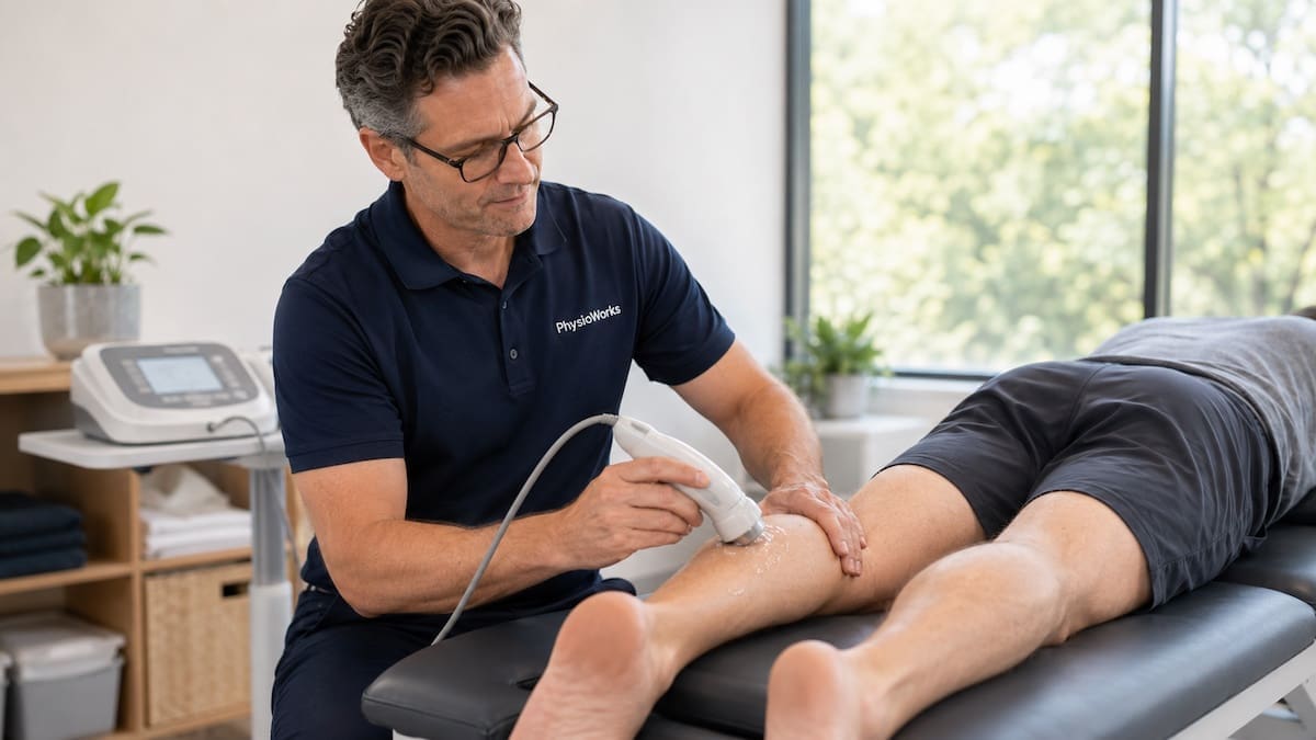 Calf muscle injury therapeutic ultrasound physiotherapy treatment to gastrocnemius