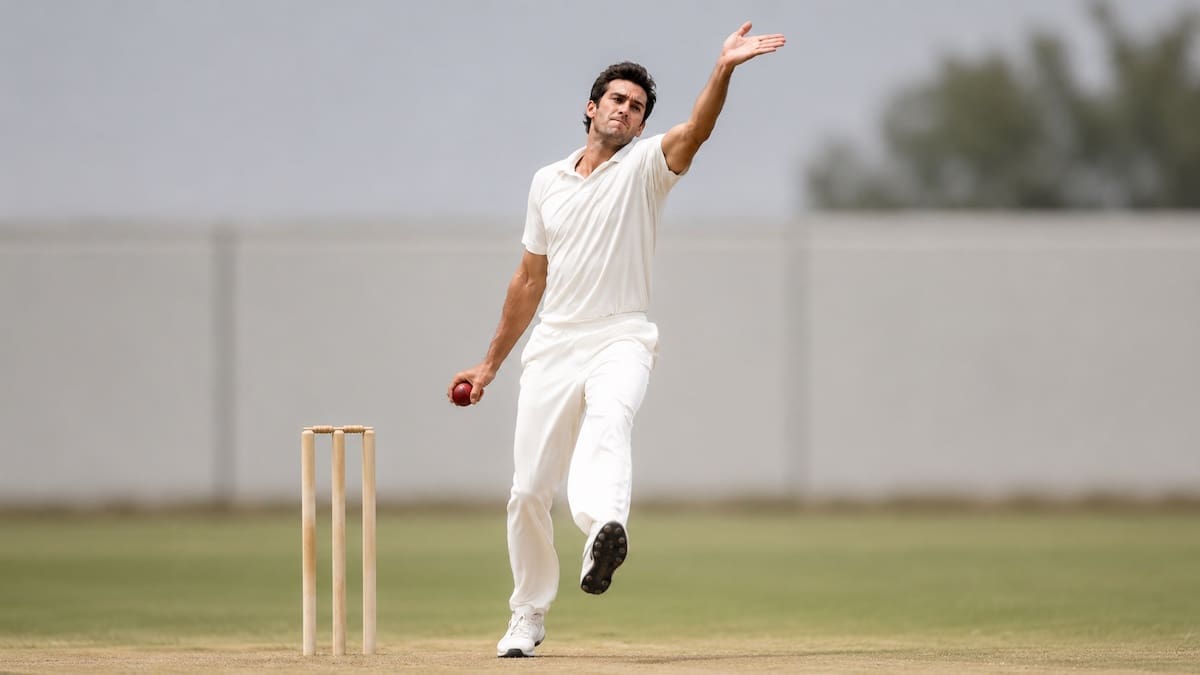 Cricket injuries fast bowler mid-delivery showing bowling load