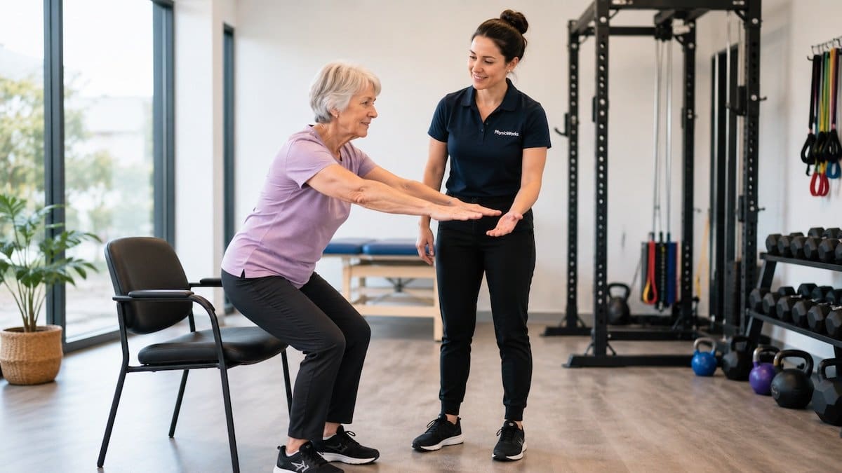 dementia-exercise-sit-to-stand-physioworks Dementia exercise sit-to-stand coaching with PhysioWorks exercise physiologist