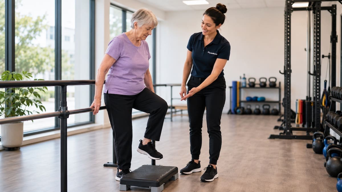 dementia-falls-prevention-step-up-exercise Dementia falls prevention step-up exercise with exercise physiologist coaching