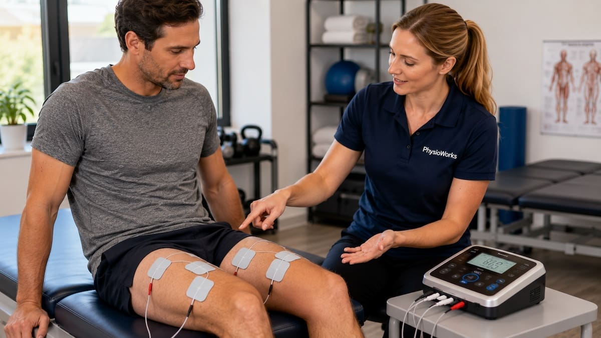 EMS machine quadriceps muscle contraction explained during physiotherapy education.