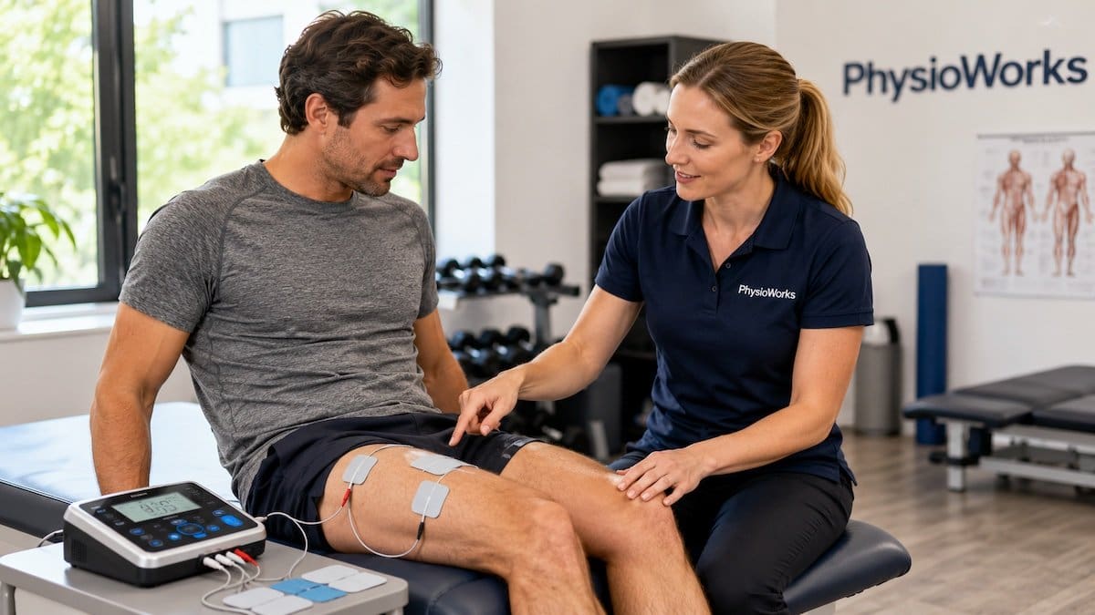 EMS machine quadriceps pad placement during physiotherapy rehabilitation guidance.