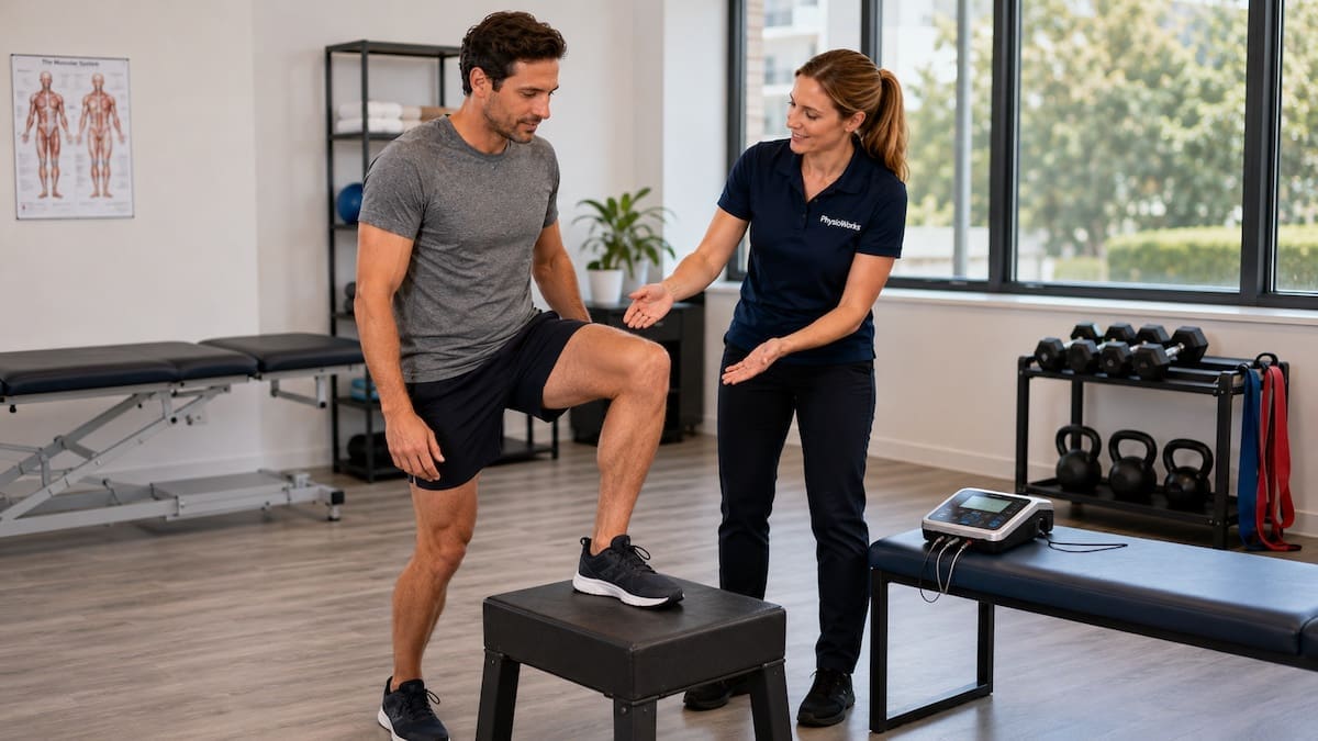 EMS machine quadriceps strengthening exercise during supervised rehabilitation.