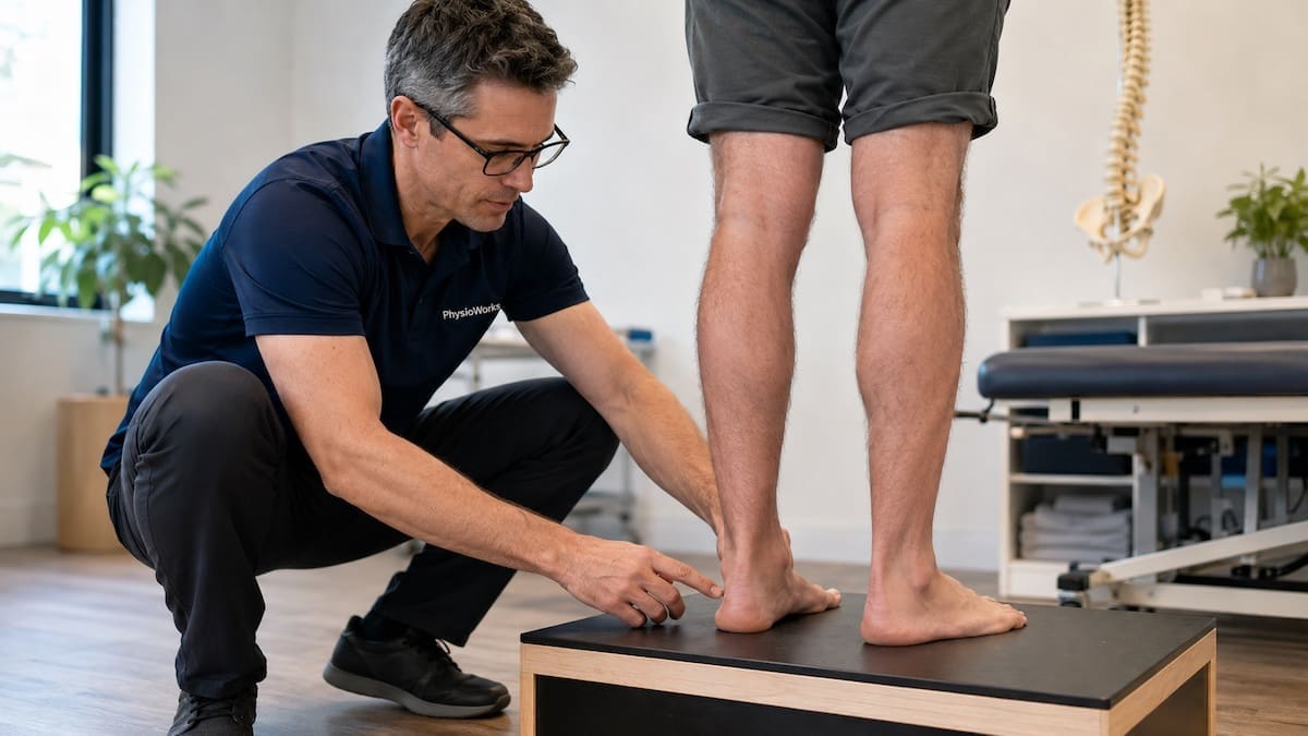 flat-feet-standing-arch-assessment-physiotherapy Flat feet standing arch assessment by physiotherapist checking rearfoot alignment