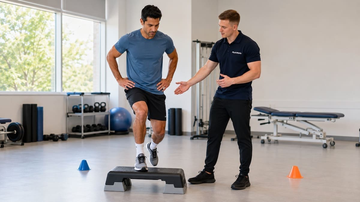 Common Football Injuries Step-Down Rehab Control Common football injuries step-down rehab showing knee ankle and hip control