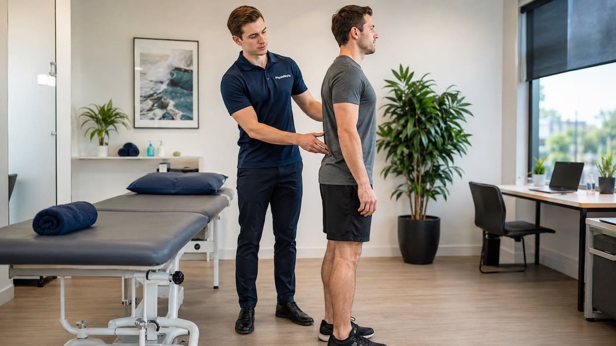 Good back posture assessment by physiotherapist in clinic