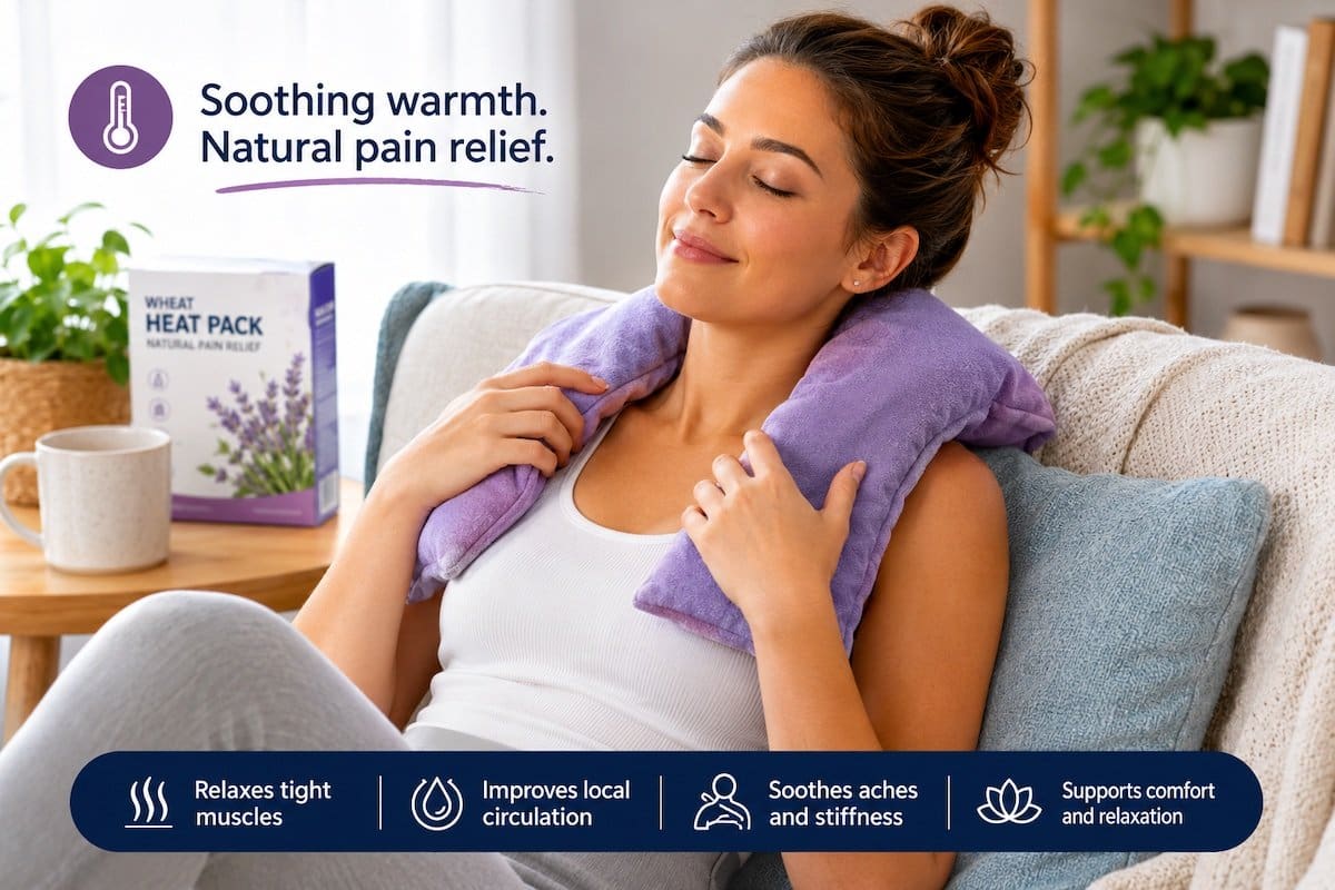heat-packs-neck-shoulder-back-abdominal-comfort Heat packs around neck and shoulders easing muscle tightness