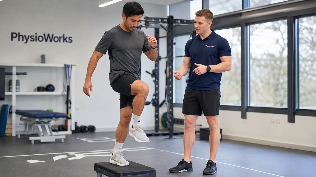 high-ankle-sprain-stability-assessment High ankle sprain physiotherapy assessment showing syndesmosis pain and ankle stability testing