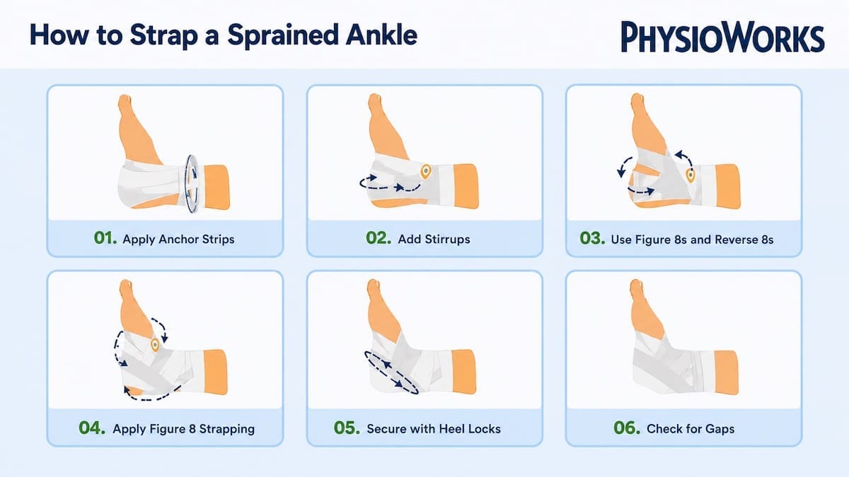 Ankle strapping steps for a sprained ankle using sport tape