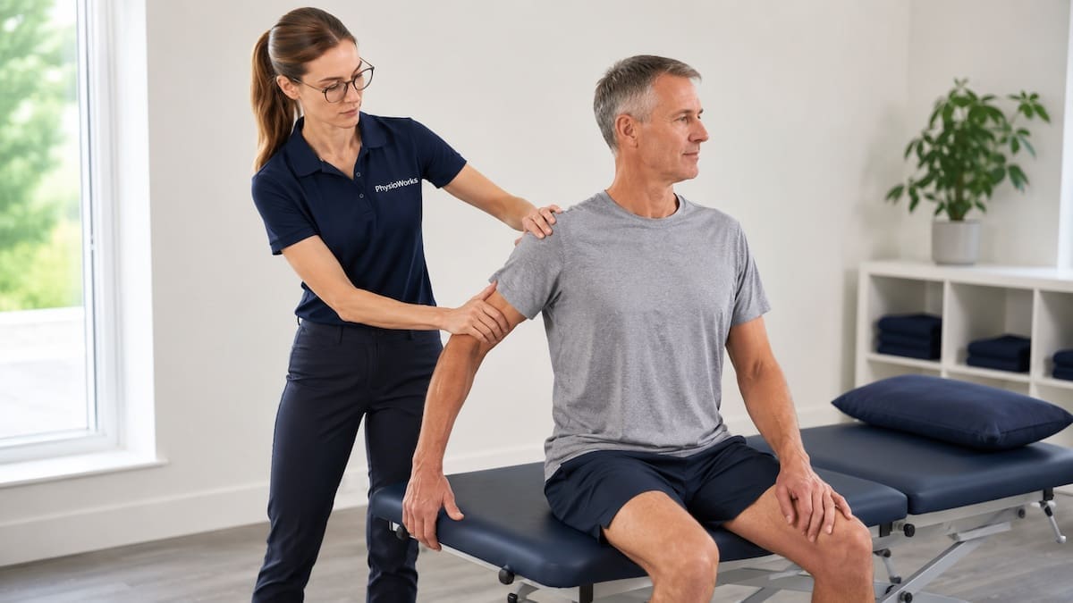 Joint Mobilisation Shoulder Manual Treatment Joint mobilisation shoulder treatment with physio guiding a manual joint glide