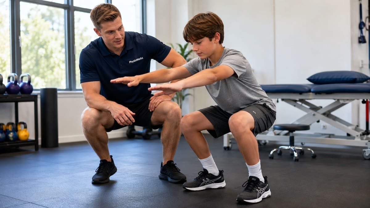 Kids leg pain squat assessment checking child knee shin and heel alignment
