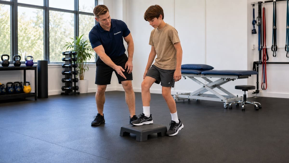 Kids leg pain step-down rehab showing child knee shin and heel control
