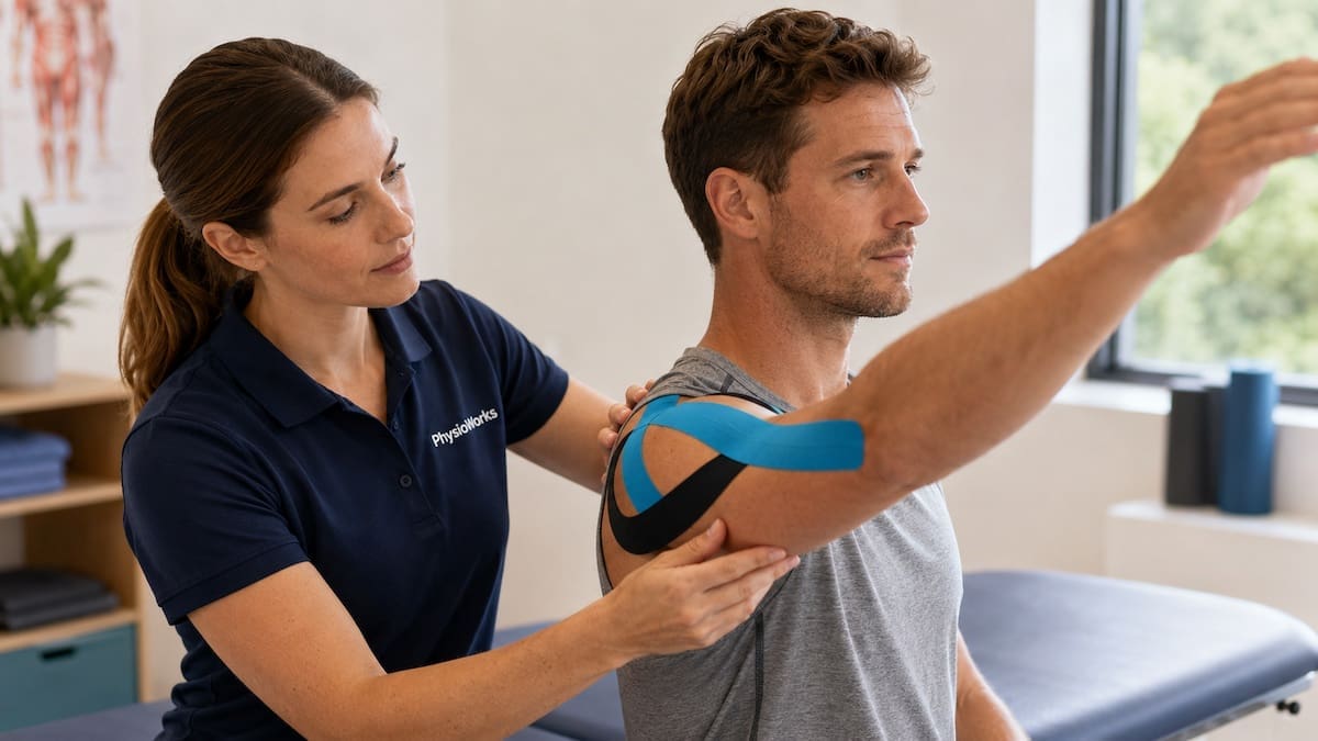 Kinesiology tape supporting active shoulder movement during physiotherapy care