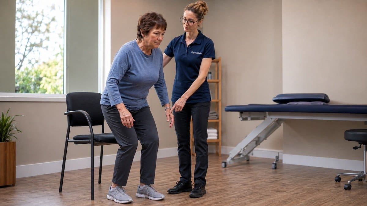 Knee arthritis sit-to-stand assessment with physio guiding older female patient