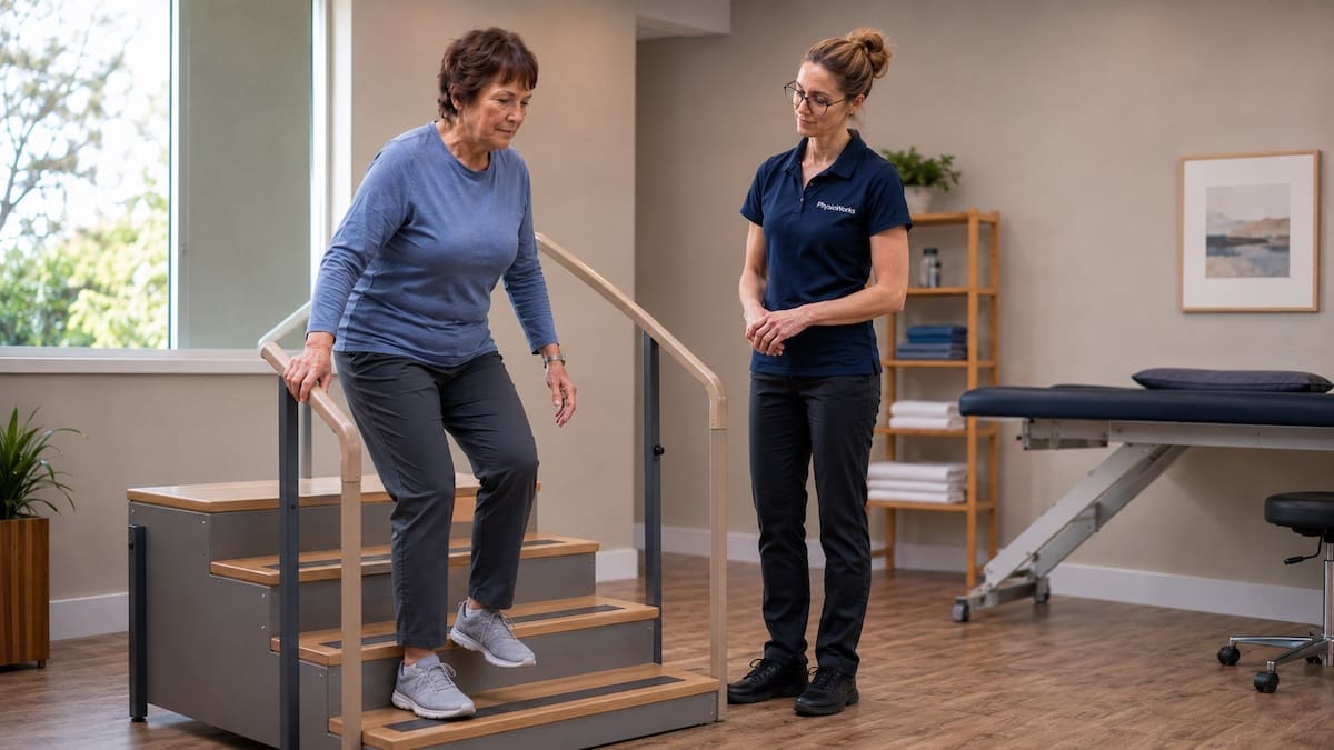 Knee arthritis stair confidence with Erin supervising older female patient