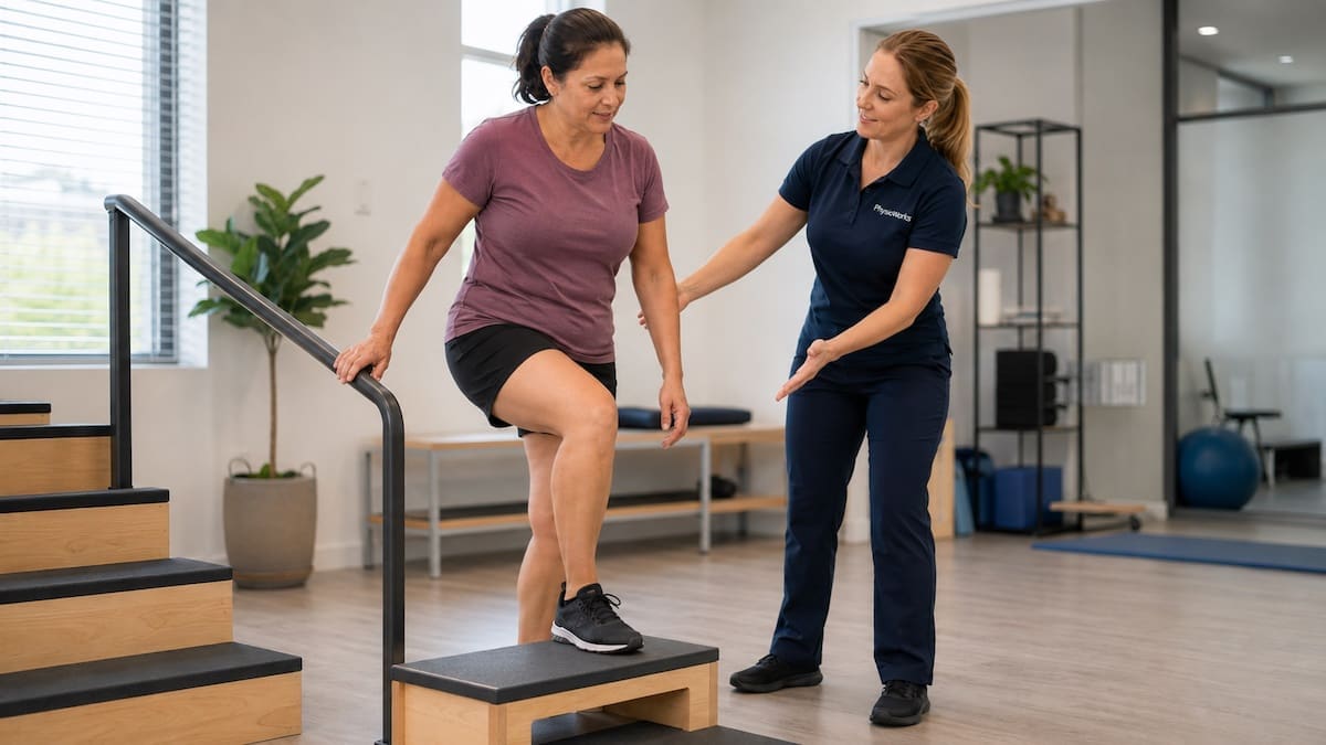 knee-pain-faqs-supported-step-up-progression Knee pain FAQs knee joint control during supported step up