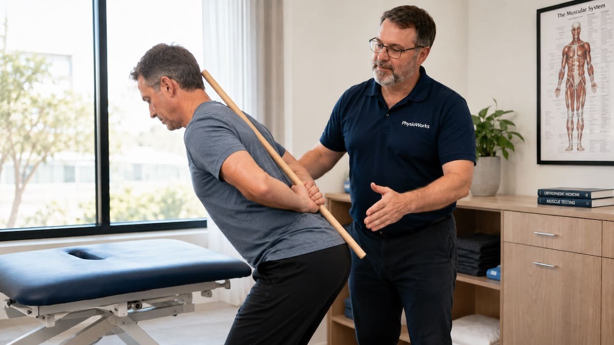 Lumbar facet joint pain movement control exercise coached by physiotherapist