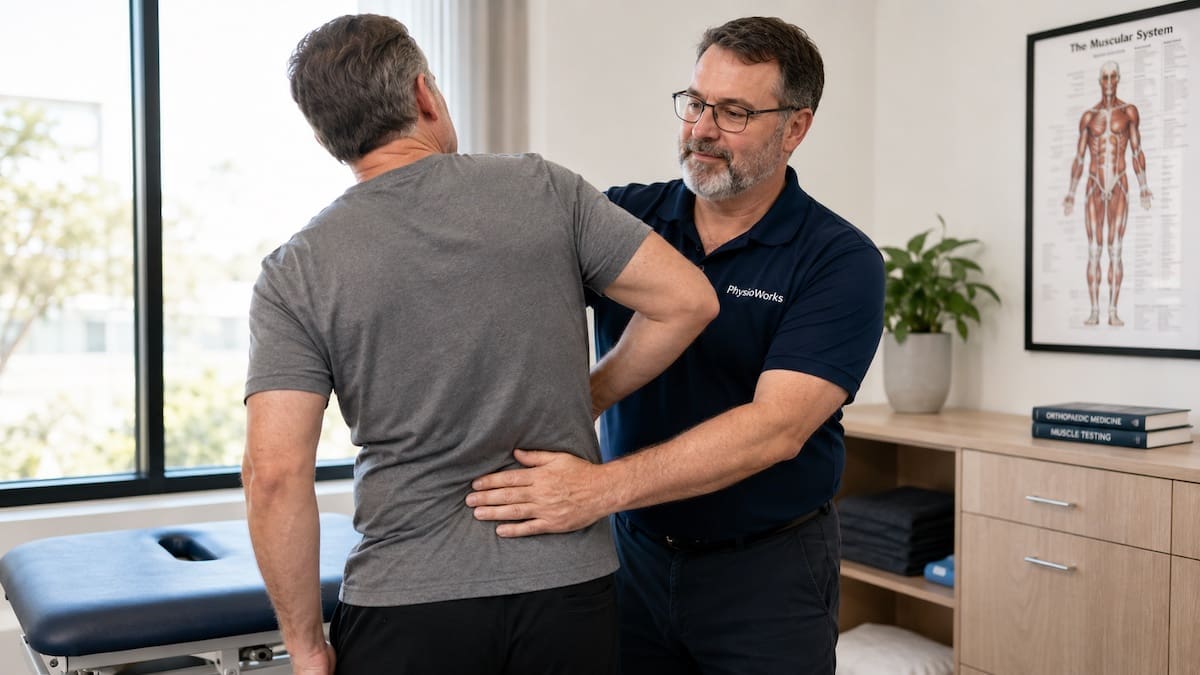 Lumbar facet joint pain physiotherapy assessment with guided lower back movement