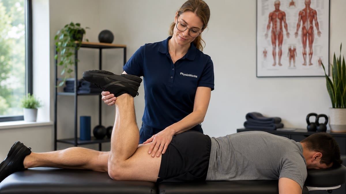 muscle-pain-hamstring-assessment-physiotherapy muscle pain hamstring assessment with physiotherapist checking resisted knee flexion