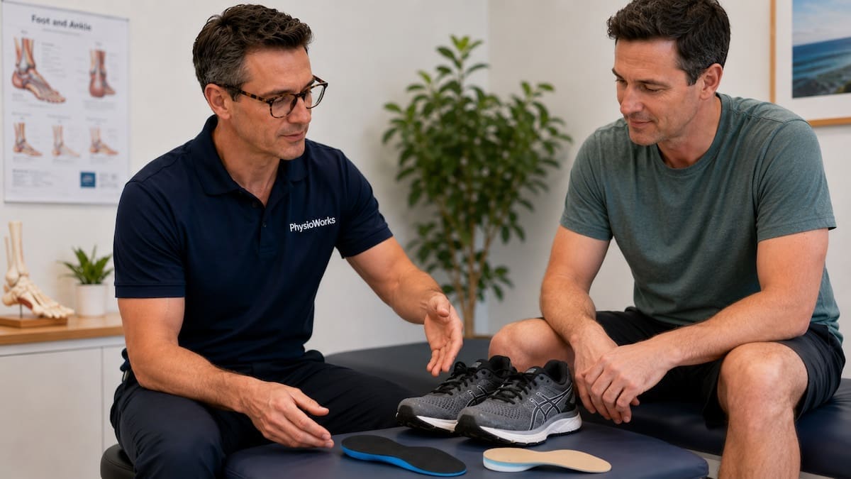 Orthotics Brisbane shoe insert comparison beside running shoes in clinic