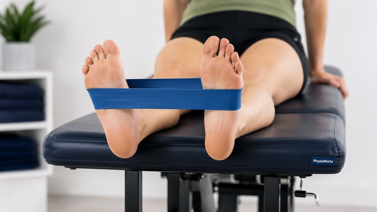 Peroneal tendinopathy ankle eversion rehab using a resistance band