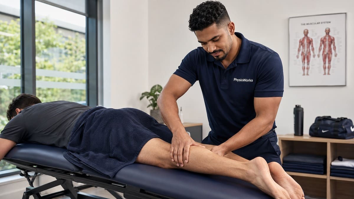 post-event-recovery-massage-calf-treatment Post-event recovery massage treating calf tightness after sport