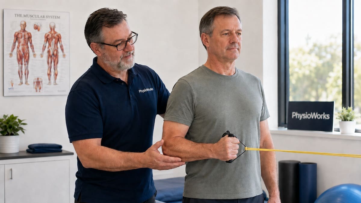Post-operative shoulder physiotherapy band strengthening for rotator cuff control