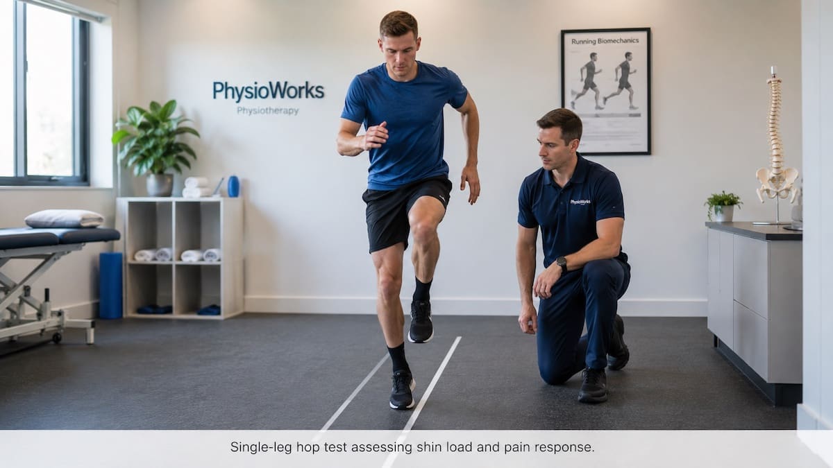 Posterior shin splints single-leg hop test assessing shin load response
