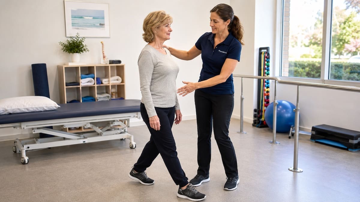 Posture & balance standing alignment check with physio guiding safe control