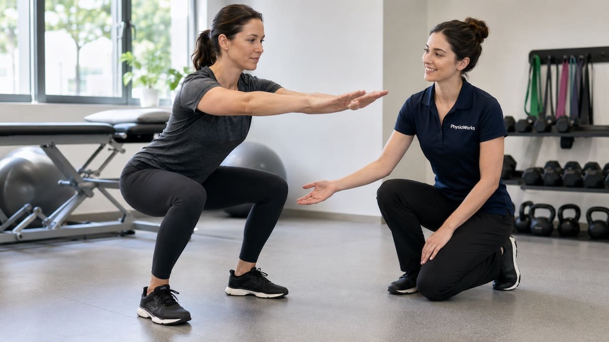 Pre-exercise assessment showing squat screening with exercise physiologist coaching.