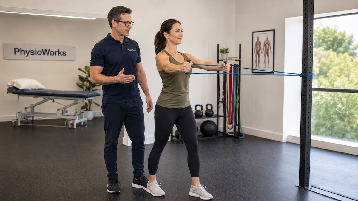Resistance band exercises with standing press-out for shoulder and trunk control
