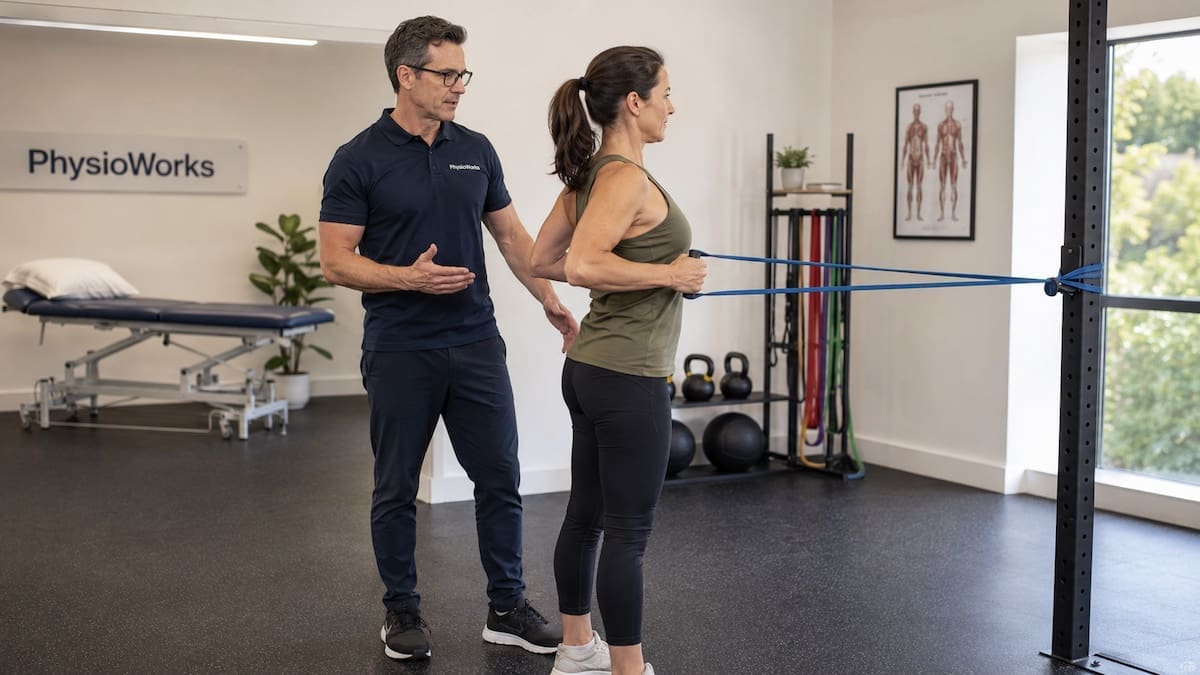 Resistance band exercises with standing row for shoulder and upper back strength