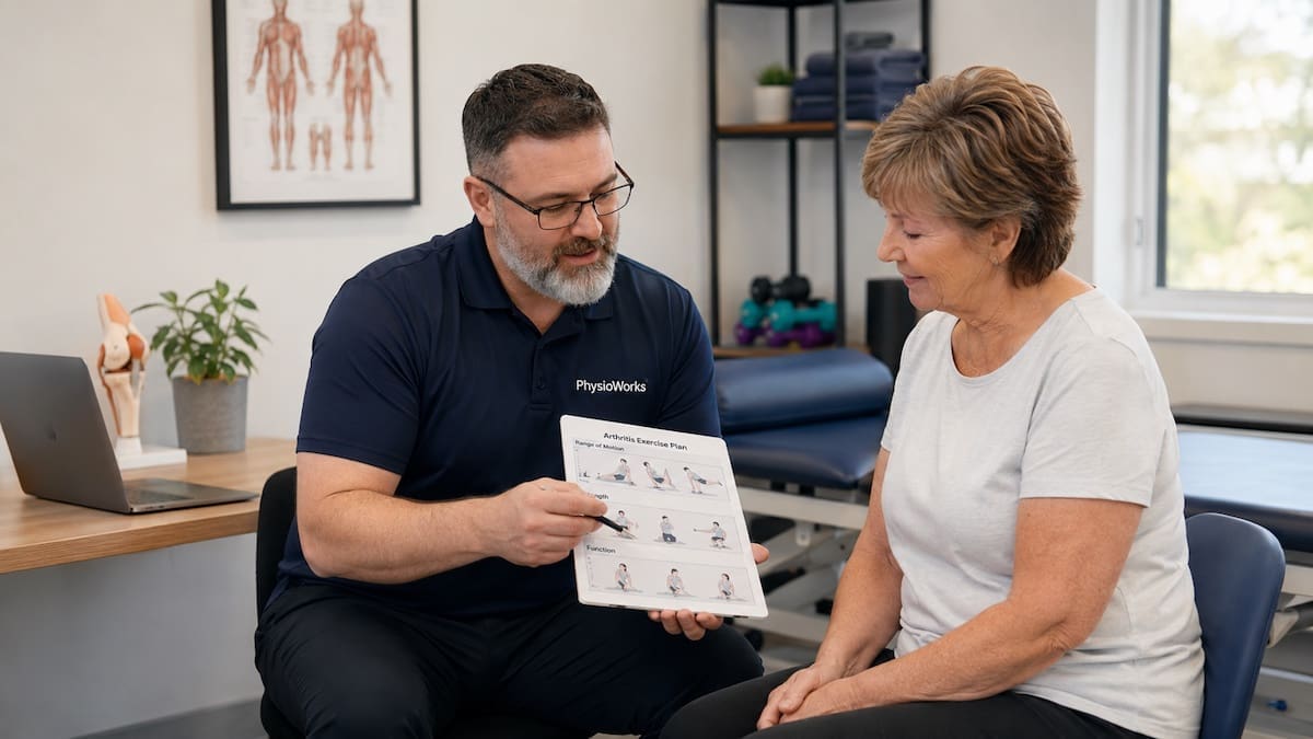 Rheumatology physiotherapist planning arthritis exercises during patient consultation
