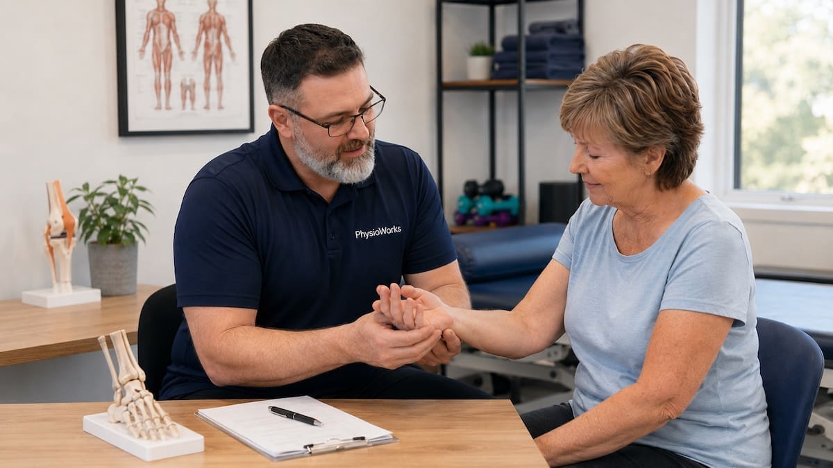 Rheumatology physiotherapist assessing hand and wrist joints for arthritis planning