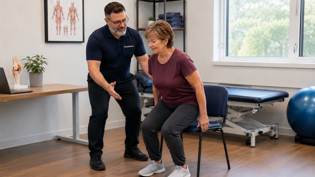 Rheumatology physiotherapist coaching sit-to-stand exercise for arthritis strength