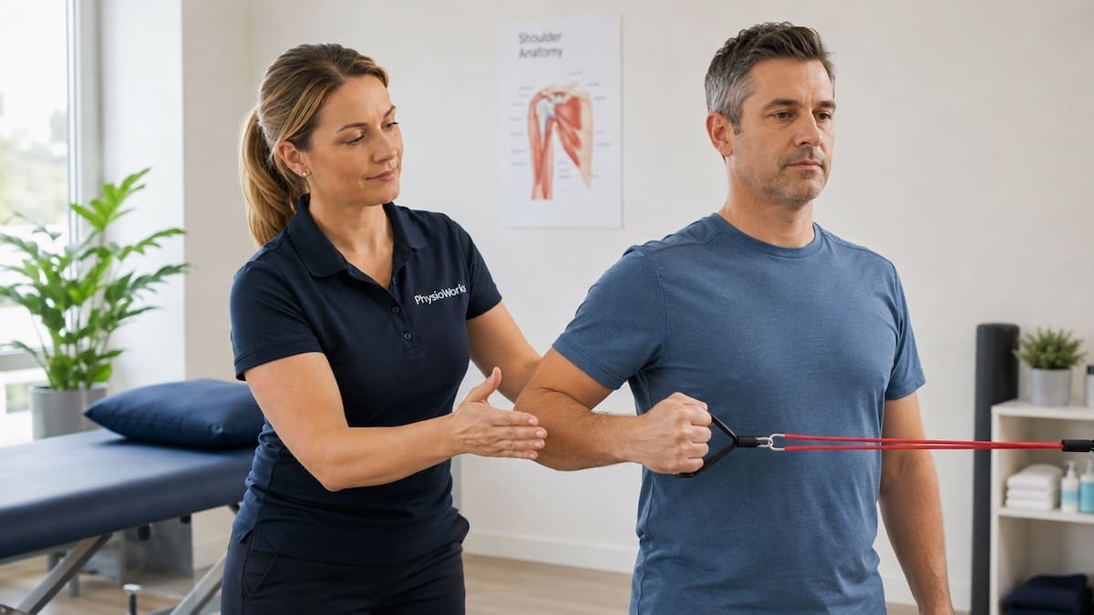 Rotator cuff band external rotation exercise improving shoulder tendon control