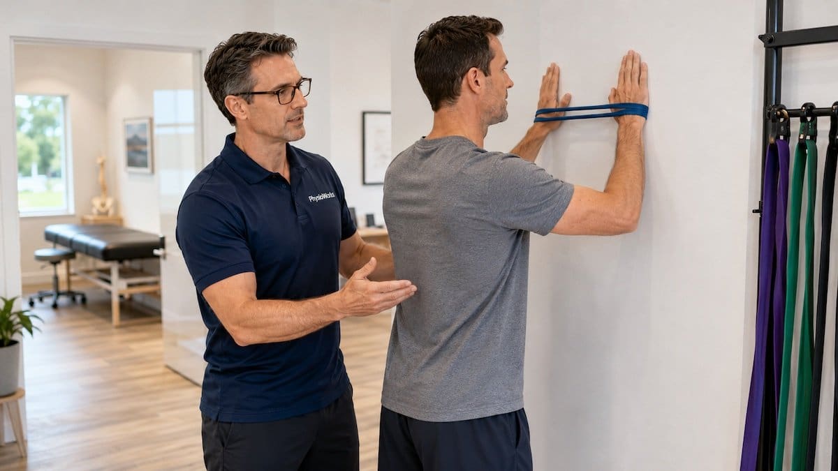 Rotator cuff exercises with wall slide for shoulder blade control