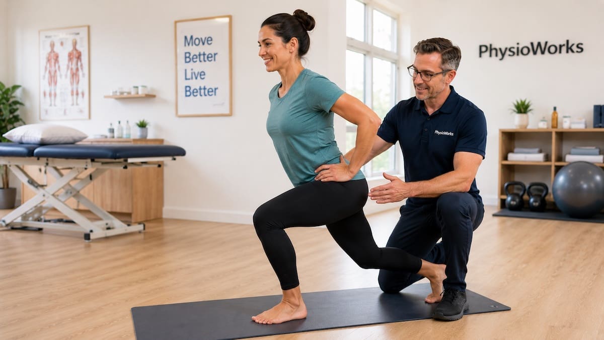sacroiliac-joint-pain-pelvic-control-lunge-exercise Sacroiliac joint pain pelvic control lunge exercise guided by physiotherapist