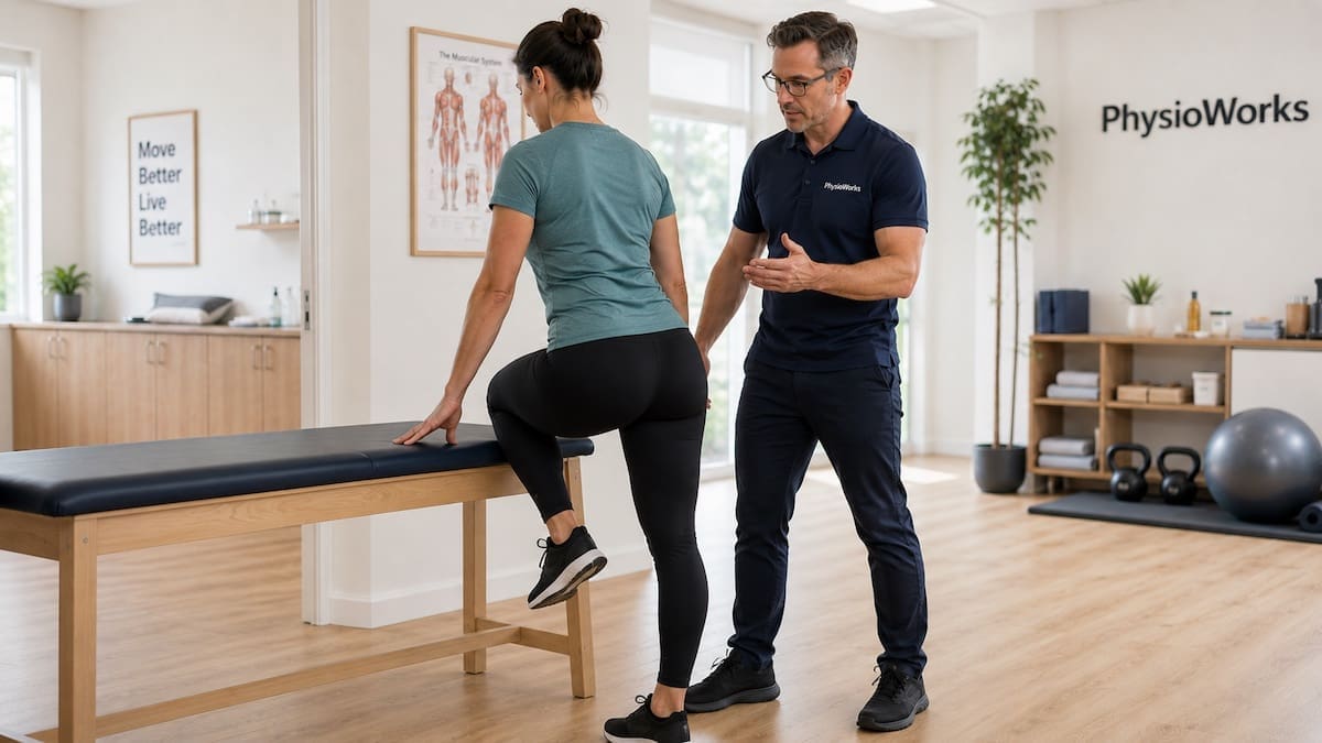 sacroiliac-joint-pain-single-leg-pelvic-load-test Sacroiliac joint pain single-leg pelvic load test with physiotherapist