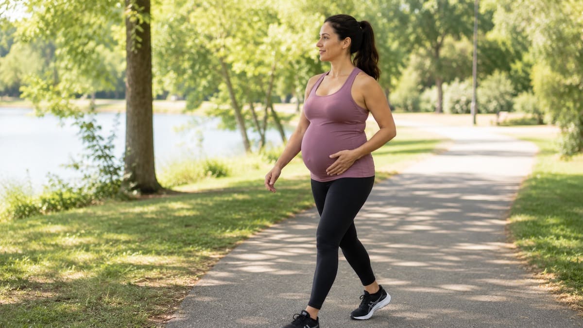 Safe pregnancy exercises with pregnant woman walking outdoors