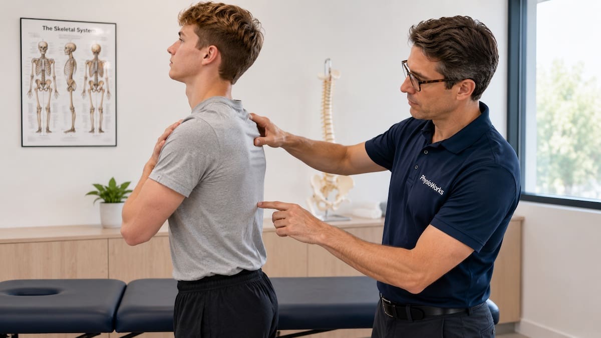 scheuermanns-disease-thoracic-kyphosis-posture-2 Scheuermann’s disease upper thoracic spine posture assessment with physiotherapist
