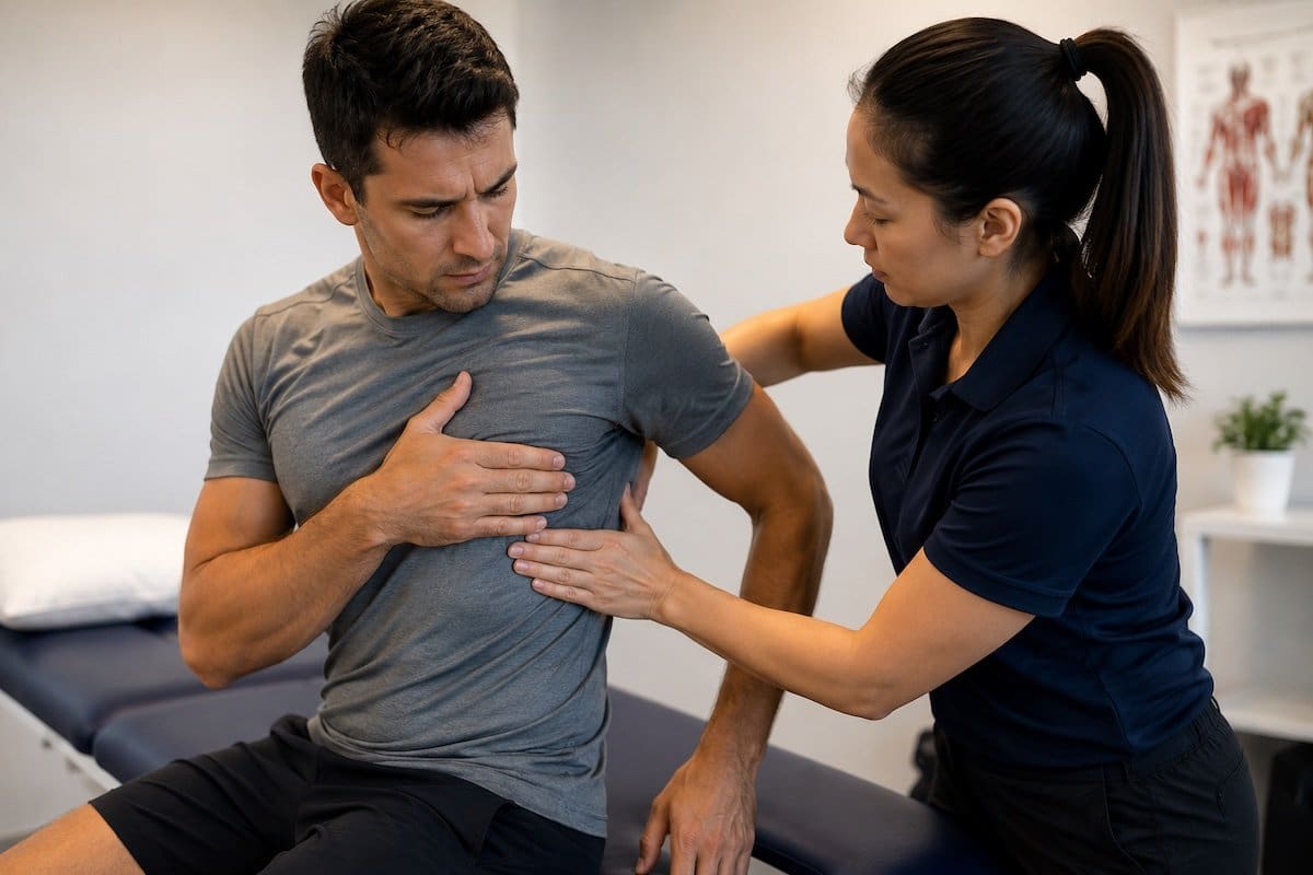Side strain lower rib assessment by physiotherapist for cricket bowler