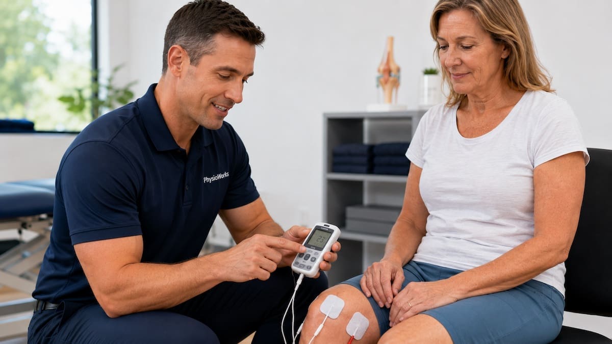 TENS machine pain relief pads placed beside knee joint by physiotherapist