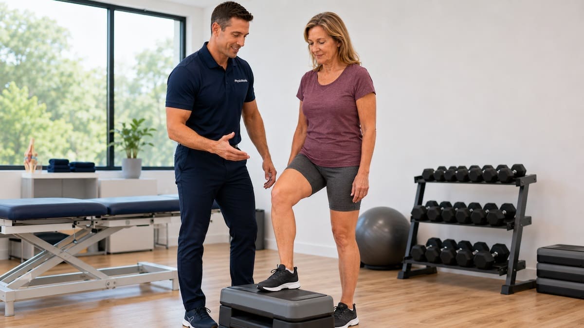 TENS machine pain relief supports knee step-up confidence in physiotherapy