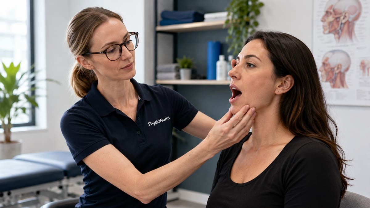 TMJ treatment jaw assessment with physiotherapist guiding jaw movement