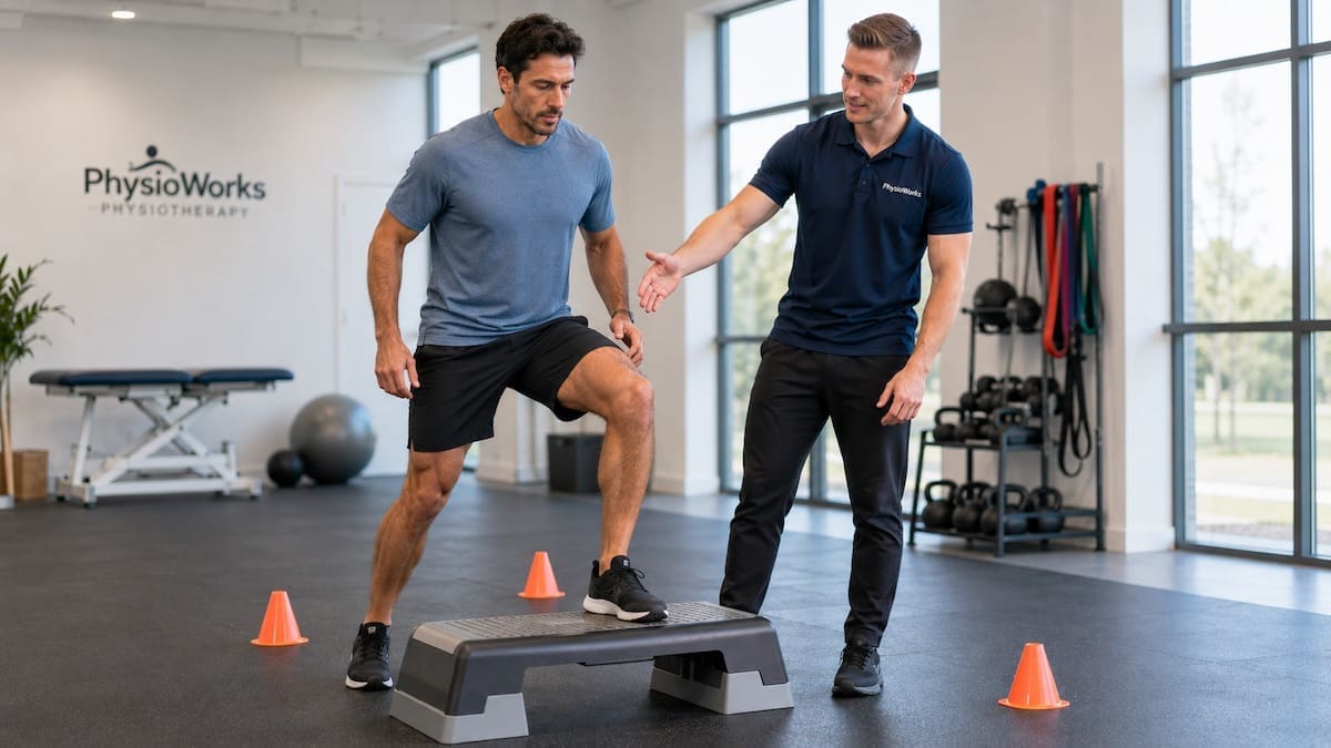 Touch football injuries step-down rehab showing ankle knee and hip control